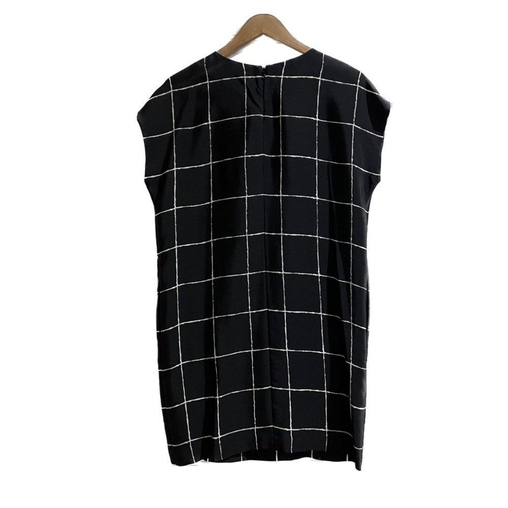 VINCE Silk Shift Dress in Black & White Lattice Print.
